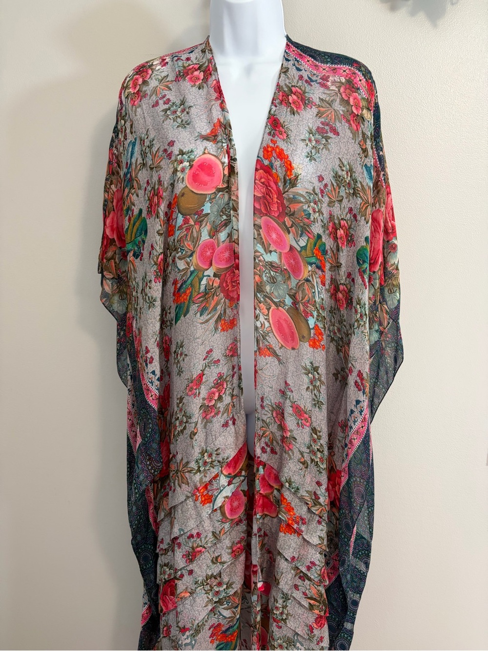 NWOT Aratta Silent Journey- Floral Pink Sheer Open-Front Kimono Cape